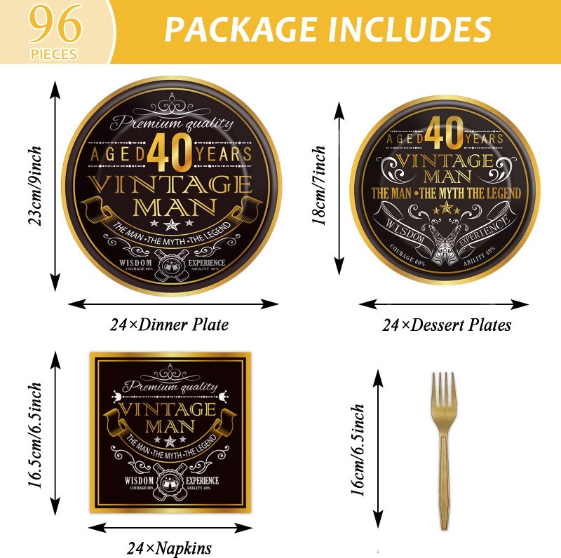 Wiooffen 96 Pcs Vintage 40th Birthday Decorations for Men 40 Years old Paper Plates Napkins Birthday Supplies Back in 1984 Theme Party Tableware Set Cheers to 40 Years Table Party Decor Favors for 24 Guests - Image 2